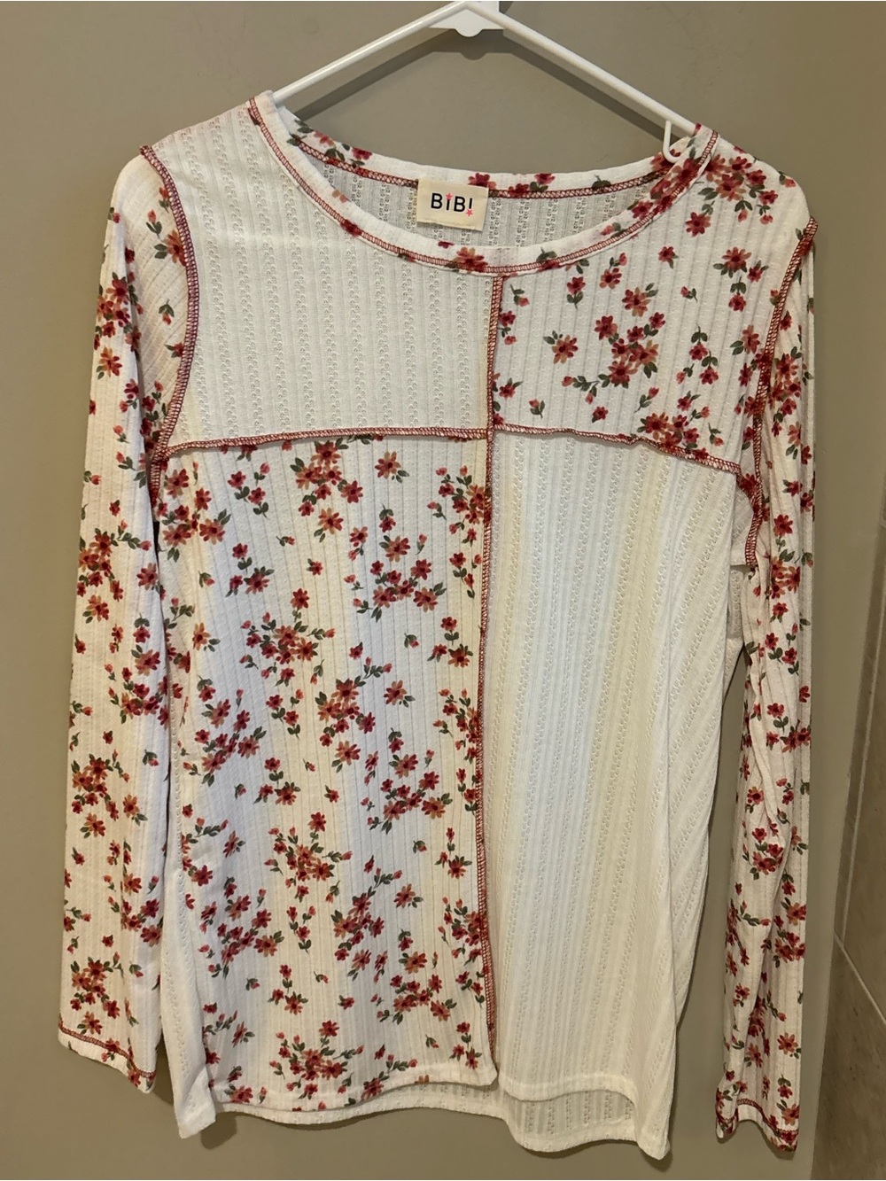 BiBi White Long-Sleeve Patchwork Floral Ribbed Top